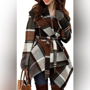 Chicwish Turn Down Shawl, Plaid Asymmetric Hemline Wool Blend Coat